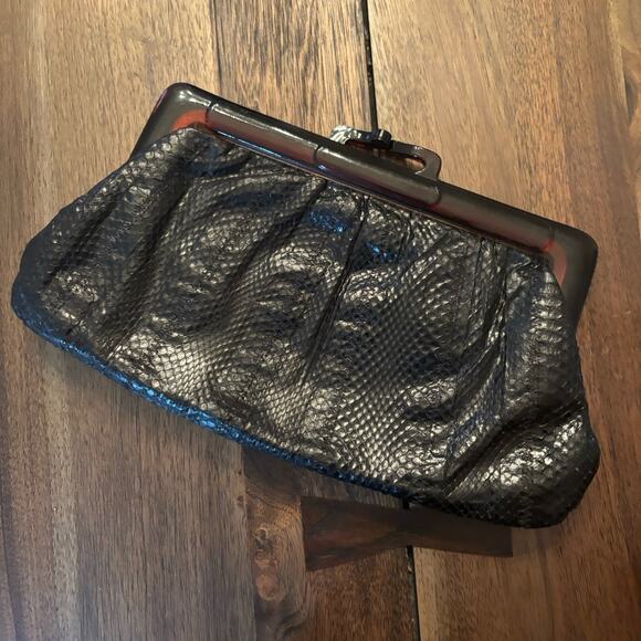 Vintage Retro Black Snakeskin & Leather Clutch Purse With Brown Lucite Frame - Picture 5 of 5